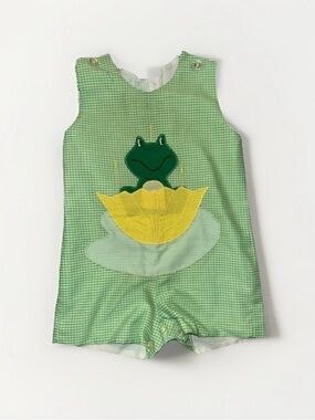 Green Gingham Frog Appliqué Baby Romper